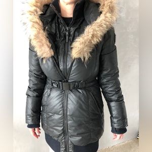 Rudsak winter puffer coat, black with fur trim hood
